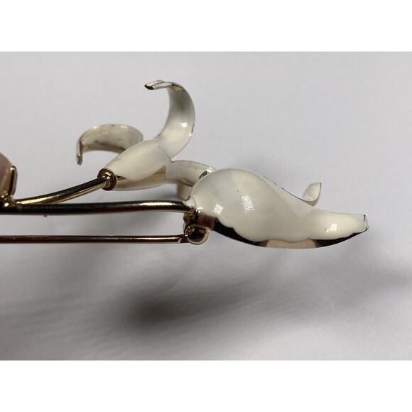 Vintage Ivory Enamel Tulip Lily Flower Gold Tone Stem Faux Pearl Pin Brooch - Picture 3 of 9